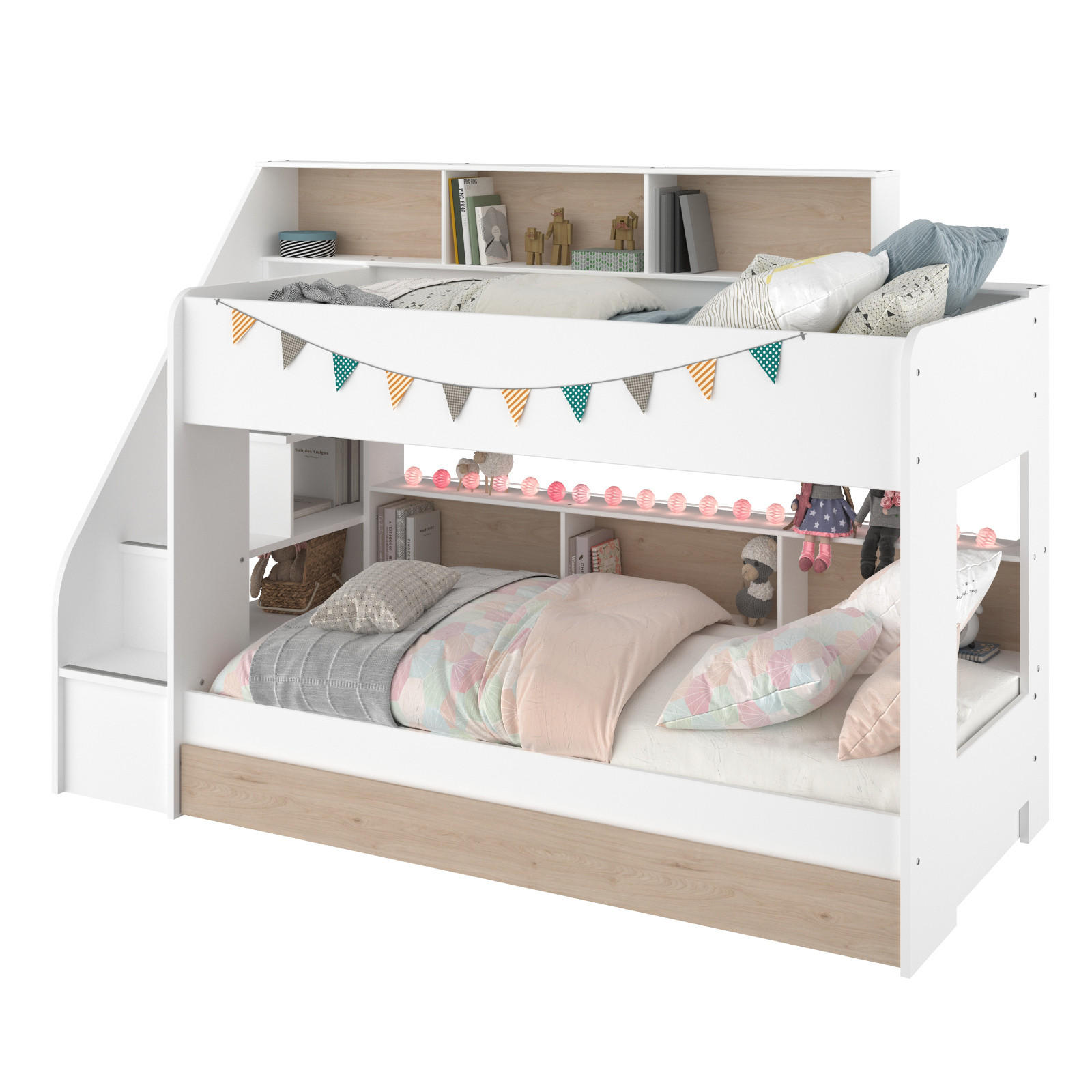 ETAGENBETT Jugendzimmer 2x Bett 90 x 200 cm mit Bettschubkasten - Eichefarben/Weiß, Holzwerkstoff (90/200cm) - Parisot Meuble