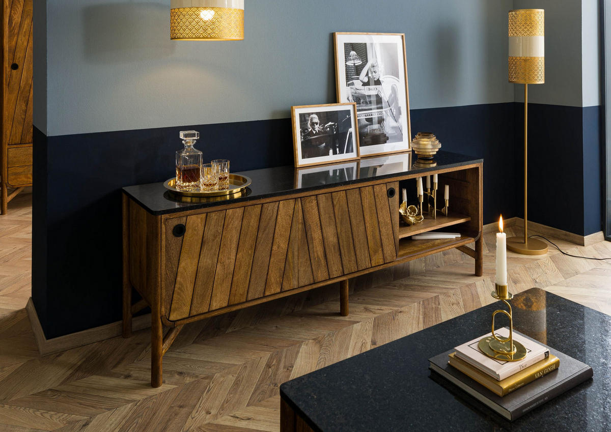 SIDEBOARD Mango 185x45x65 braun geölt / dunkler Granit LOS ANGELES #106 - Braun, Holz (185/65/45cm) - Massivmoebel24