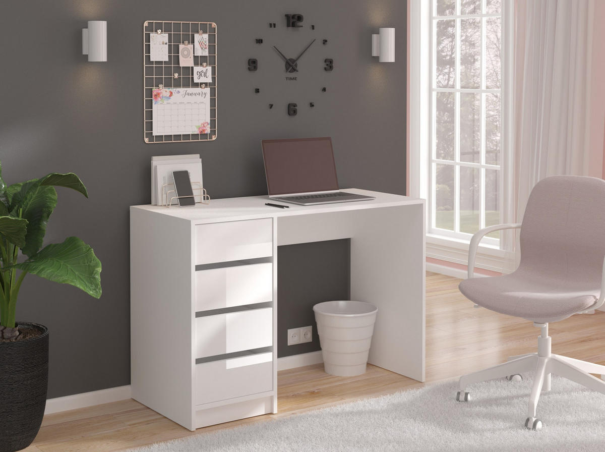 SCHREIBTISCH weiß Hochglanz 110 cm, für Homeoffice und Büro mit 4 Schubladen - Weiß Hochglanz/Weiß, Holzwerkstoff/Metall (110/48/75cm) - Inn.Furn