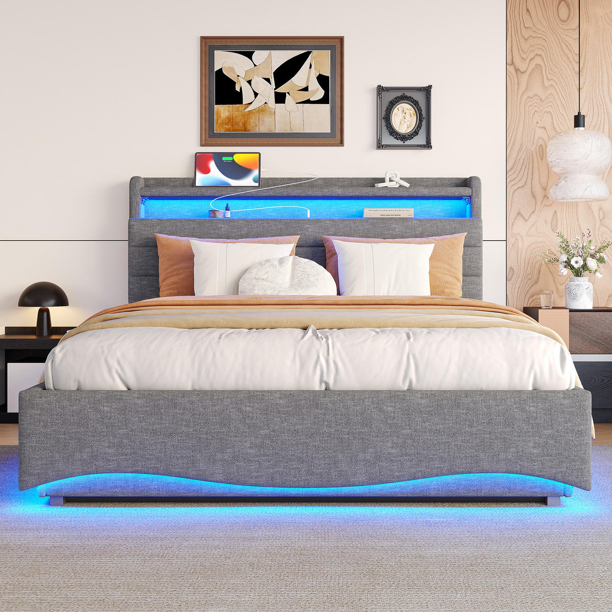 POLSTERBETT 140x200cm Grau LED Hydraulik USB Leinen - Grau, Holz (90/200cm) - FLIEKS