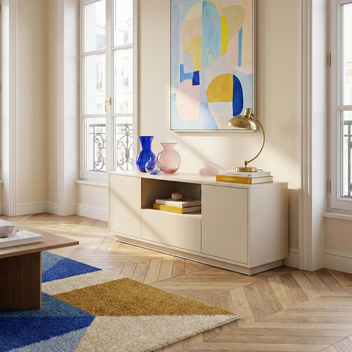 TV-SCHRANK 140 cm, Ekru - Weiß, Holz (40/52/140cm) - Oviala