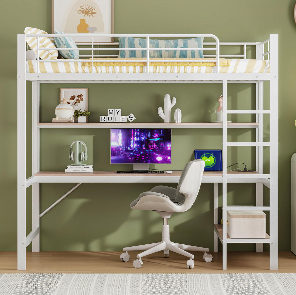 HOCHBETT aus Metall und MDF 90x200 cm Weiß mit Schreibtisch, Regal, LED-Licht und USB-Anschluss - Weiß, Metall (90/200cm) - IVMEU