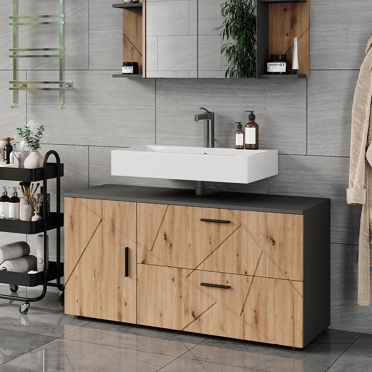 WASCHBECKENUNTERSCHRANK Irma Anthrazit/Artisan 120.1 x 60.6 cm mit 2 Schubladen und 1 Tür - Anthrazit/Eiche Artisan, Holzwerkstoff (120.1/60.6/41cm) - Vicco
