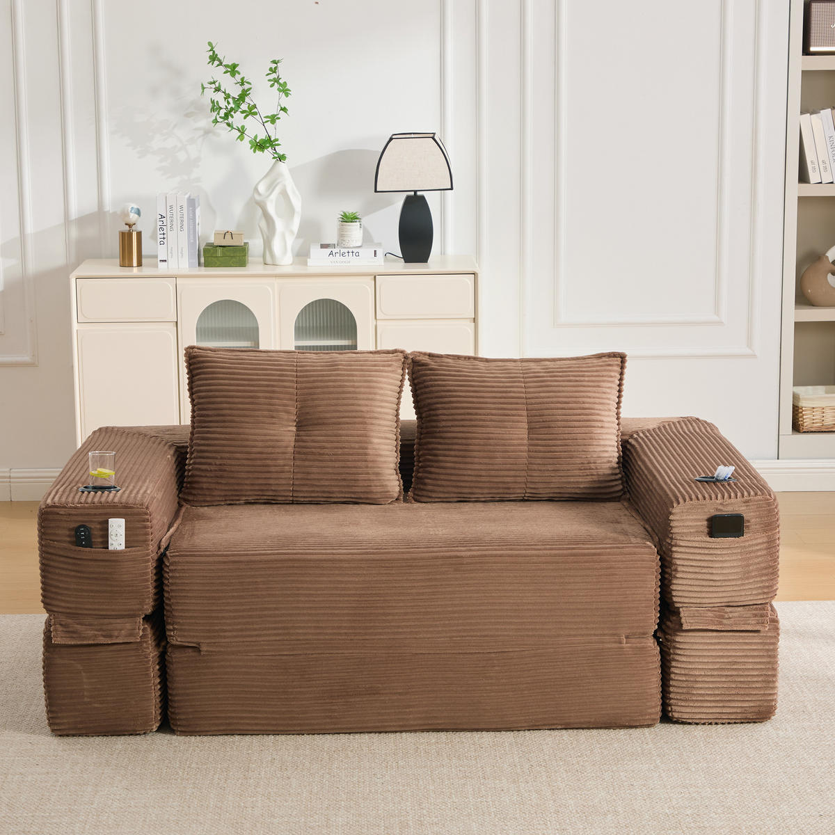 SCHLAFSOFA mit Cordbezug, Memory-Kissen, Getränkehalter und Seitentaschen - Braun, Textil (180/80/98cm) - EVRYAE