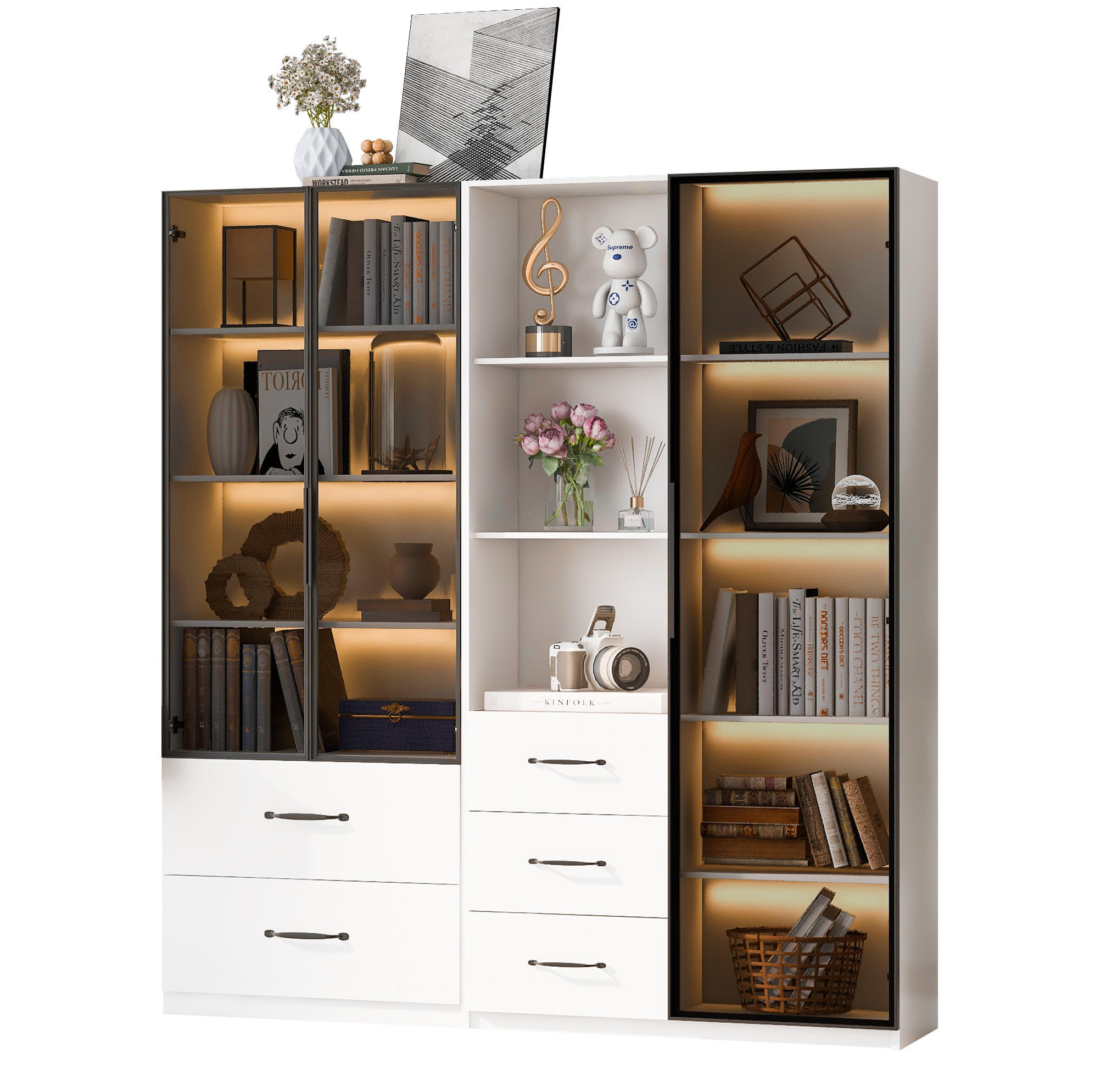HIGHBOARD mit LED-Beleuchtung 140/40/160 cm in Weiß mit Glastüren und Schubladen - Weiß, Holzwerkstoff (140/160/40cm) - BEAOK