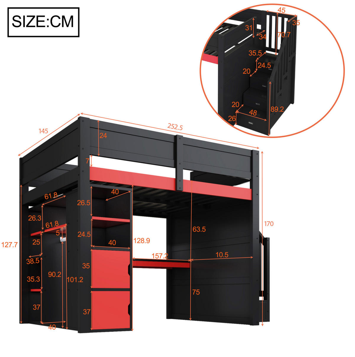 HOCHBETT 140/200 cm mit Schreibtisch, LED-Beleuchtung und Stauraum aus Holzwerkstoff, Schwarz/Rot - Schwarz, Holzwerkstoff (140/200cm) - Redom
