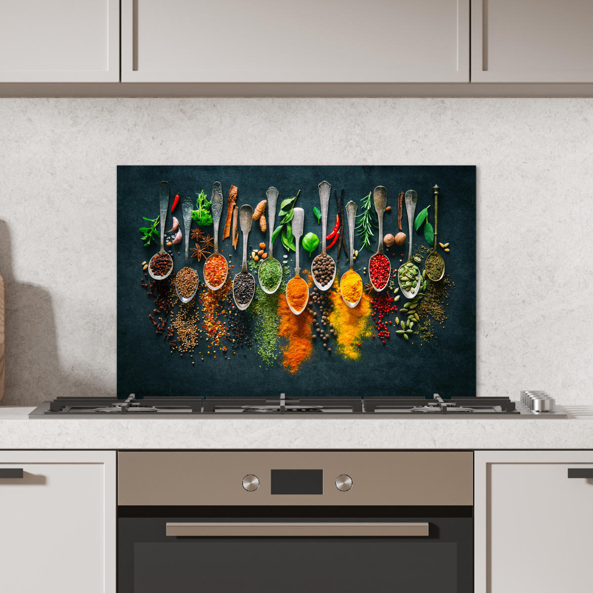 SPRITZSCHUTZ KÜCHE Kräuter - Gewürze - Löffel 70x50 cm - Multicolor, Metall (70/0.3/50cm) - MuchoWow