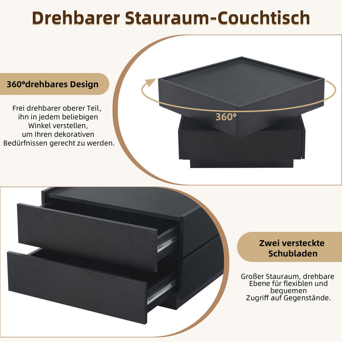 COUCHTISCH Funktionaler drehbarer mit Stauraum und Ablagen - Schwarz, Holz (69.85/66.29/38cm) - FLIEKS