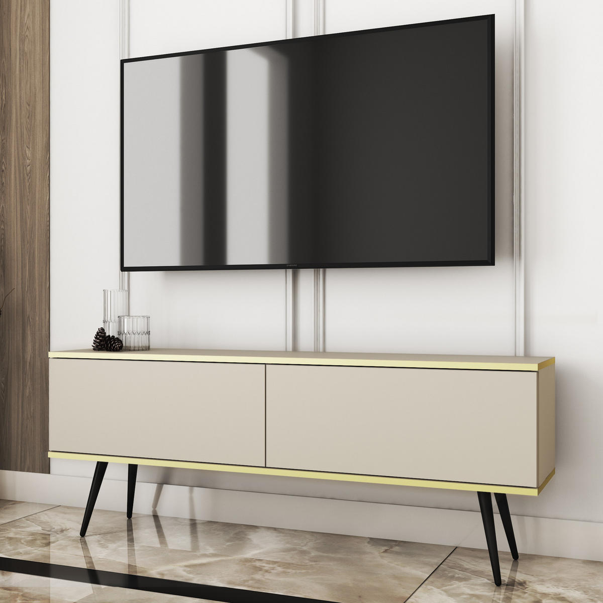TV-LOWBOARD FORNO (Beige, Goldene Details, 2 Türen, schwarze Metallfüße, 135 cm) - Beige/Schwarz, Holz/Holzwerkstoff (135/53/32cm) - Ravio