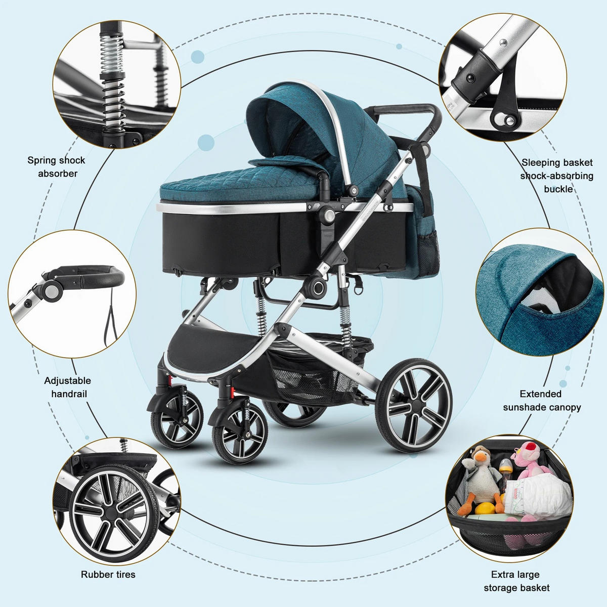 KINDERWAGENSET mit hoher Landschaft, verstellbarer Griff, Moskitonetz, Aluminiumrahmen, SK21-GRAU - Grau, Metall (80/60cm) - Kaket
