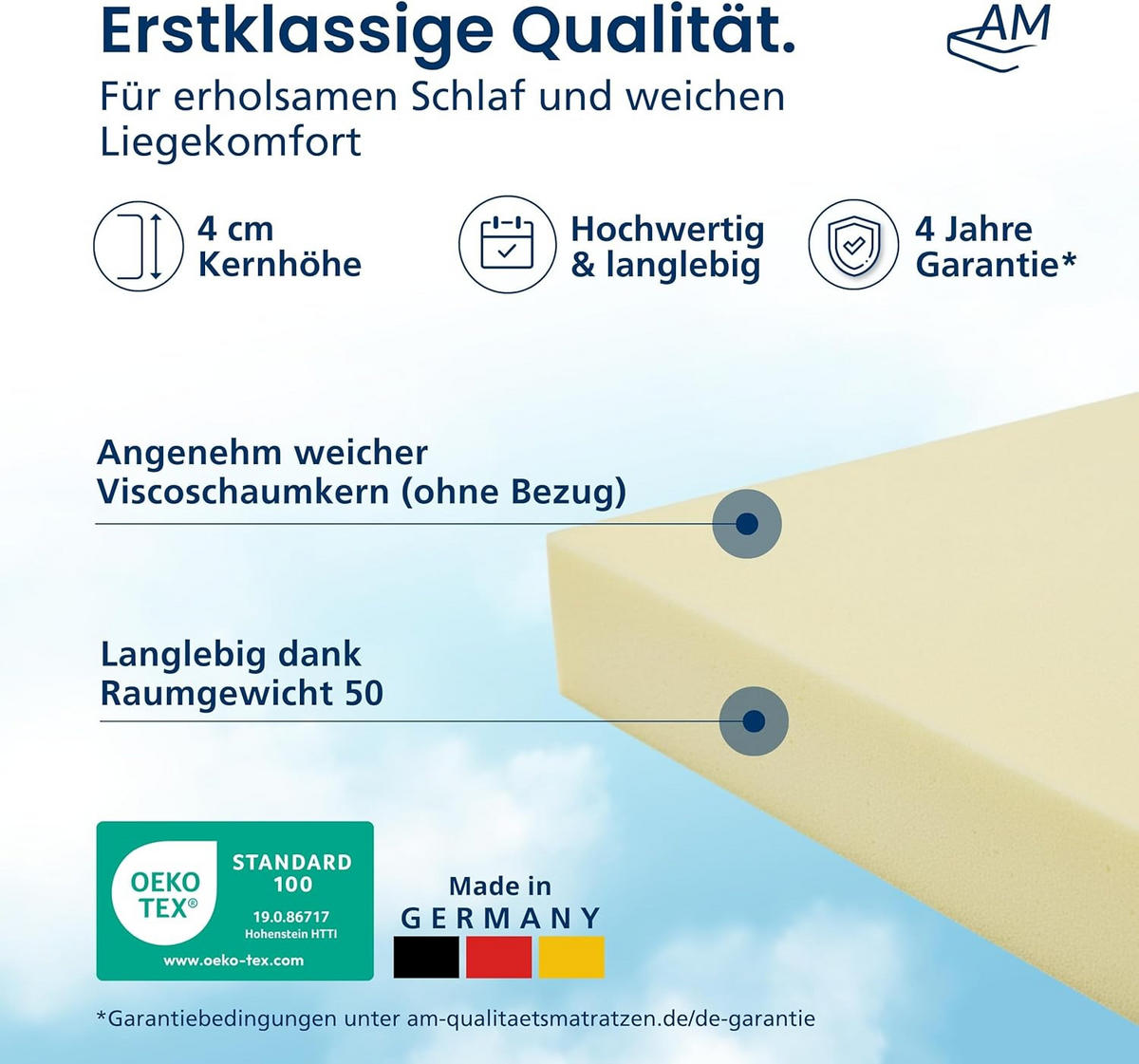 VISCO TOPPER ohne Bezug 180/200 cm - 4cm Höhe - Gelb, Textil (180/200cm) - AM Qualitätsmatratzen