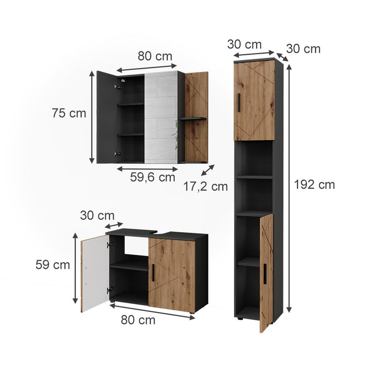 BADMÖBEL-SET Irma Anthrazit/Artisan 3 Teile - Anthrazit/Hellgrau, Holzwerkstoff (80/59/30cm) - Vicco