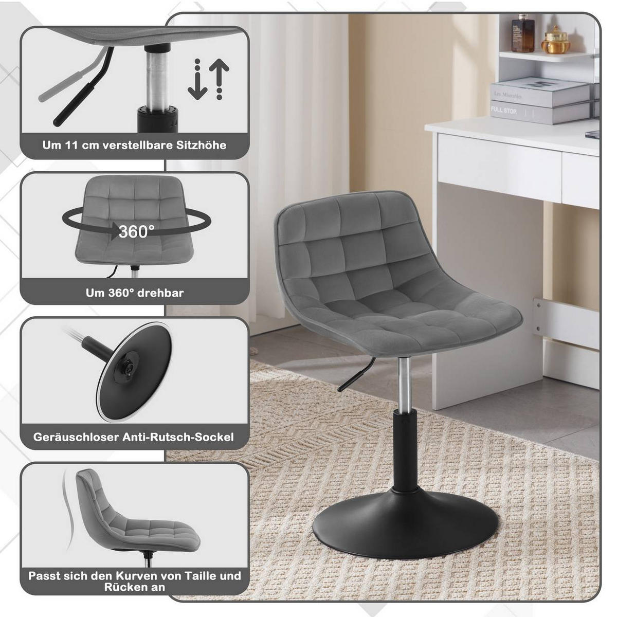 BARHOCKER Mehrzweck 360° Schwenken Samt, Hellgrau - Hellgrau/Schwarz, Textil/Metall (42.5/72/45cm) - Woltu