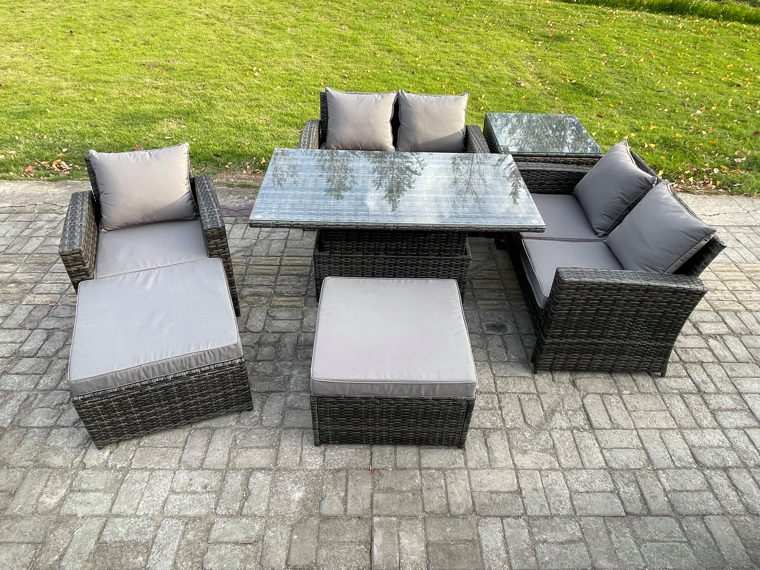 GARTENSOFA Hohe Rückenlehne Polyrattan Dunkelgrau 7-Sitzer - Dunkelgrau, Metall - Fimous