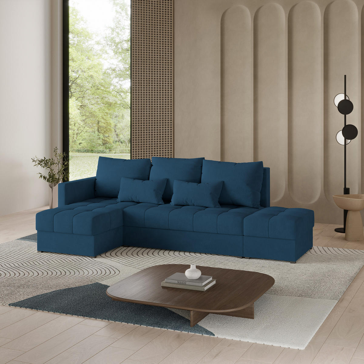 ECKSOFA LUMARI L-S Blau Plüsch-Stoff mit Schlaffunktion - Blau, Holz (262/143cm) - MASSENO