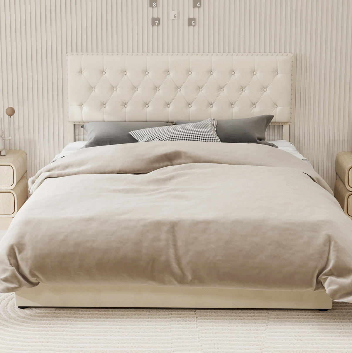 ČALOUNĚNÁ postel 160/200 cm béžová z látky a kovu s vysokým čelem a úložným prostorem - béžová, textil (160/200cm) - OKWISH