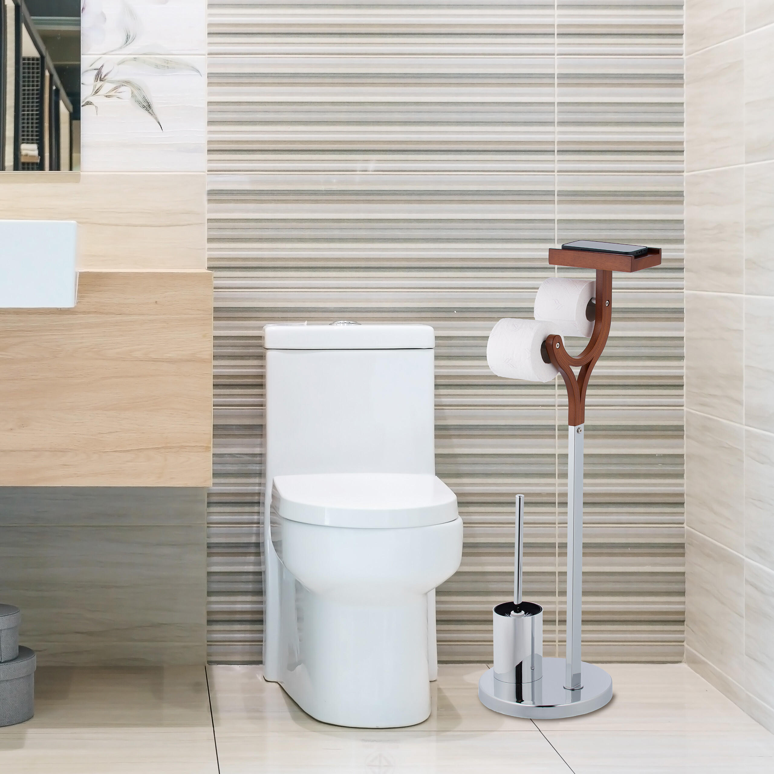 Thumbnail - Relaxdays Wc-Garnitur, Silber, Metall, Holzwerkstoff, Kunststoff, 25x84x30 cm, Badezimmer, WC Ausstattung, WC Bürstengar...