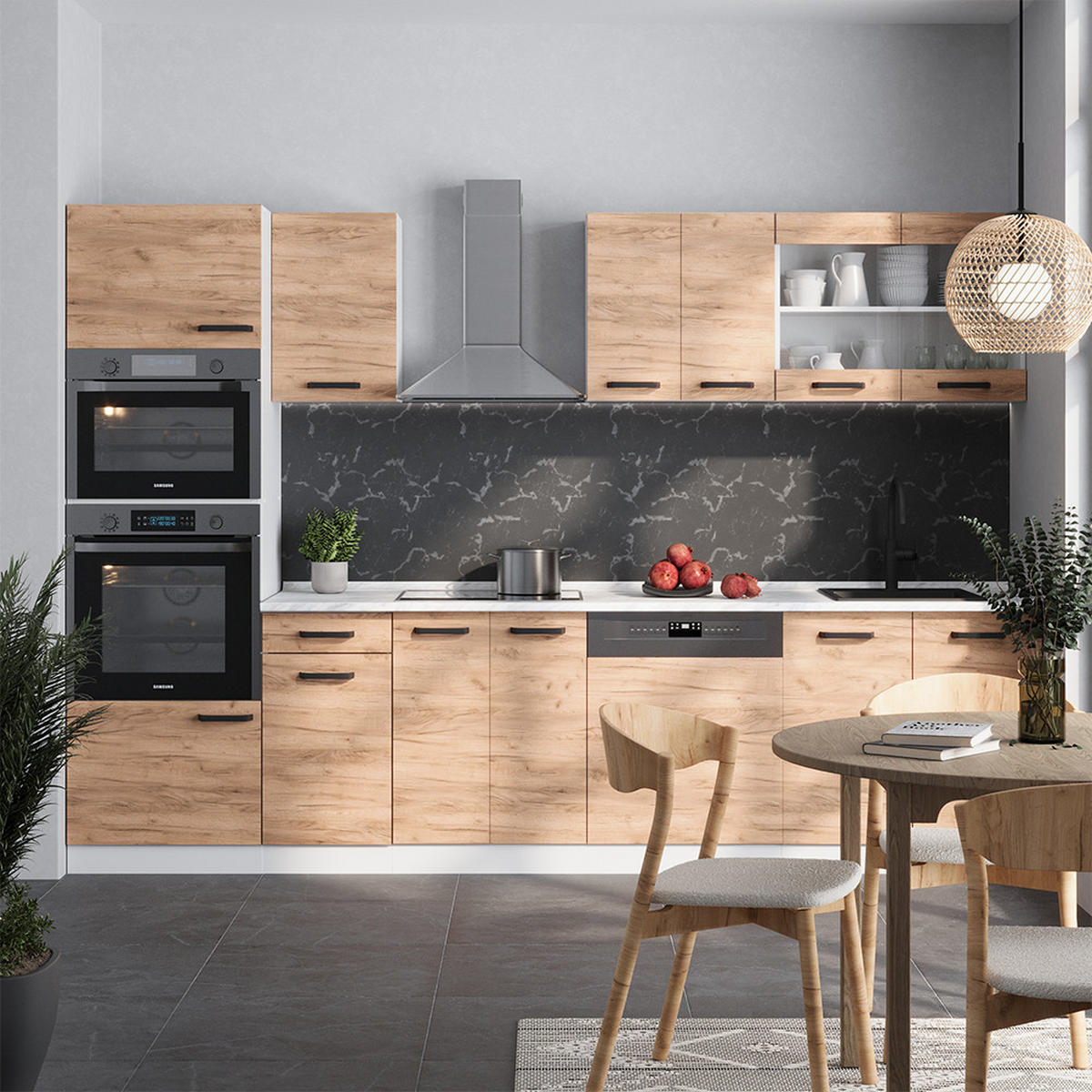KÜCHENZEILE R-Line Goldkraft Eiche/Weiß 300 cm ohne Arbeitsplatte - Honigeiche/Eiche Wotan, Holzwerkstoff (300/81.6/46cm) - Vicco