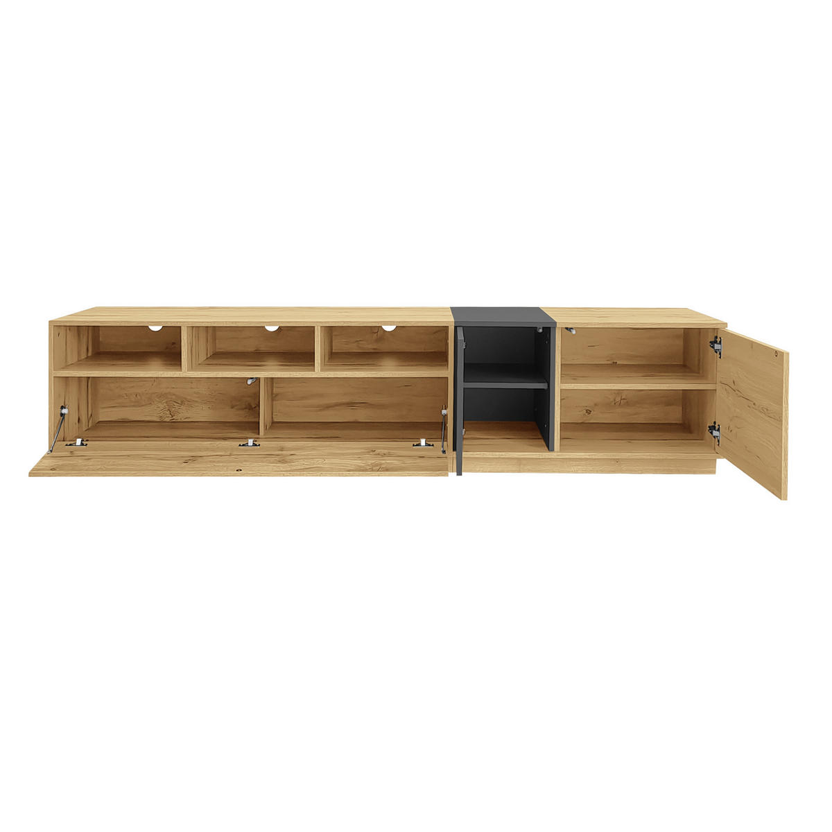 TV-STÄNDER 200/45/45 cm schwarz-grau mit Holzplatte und offenen Fächern - Schwarz, Holzwerkstoff (200/45/45cm) - OKWISH