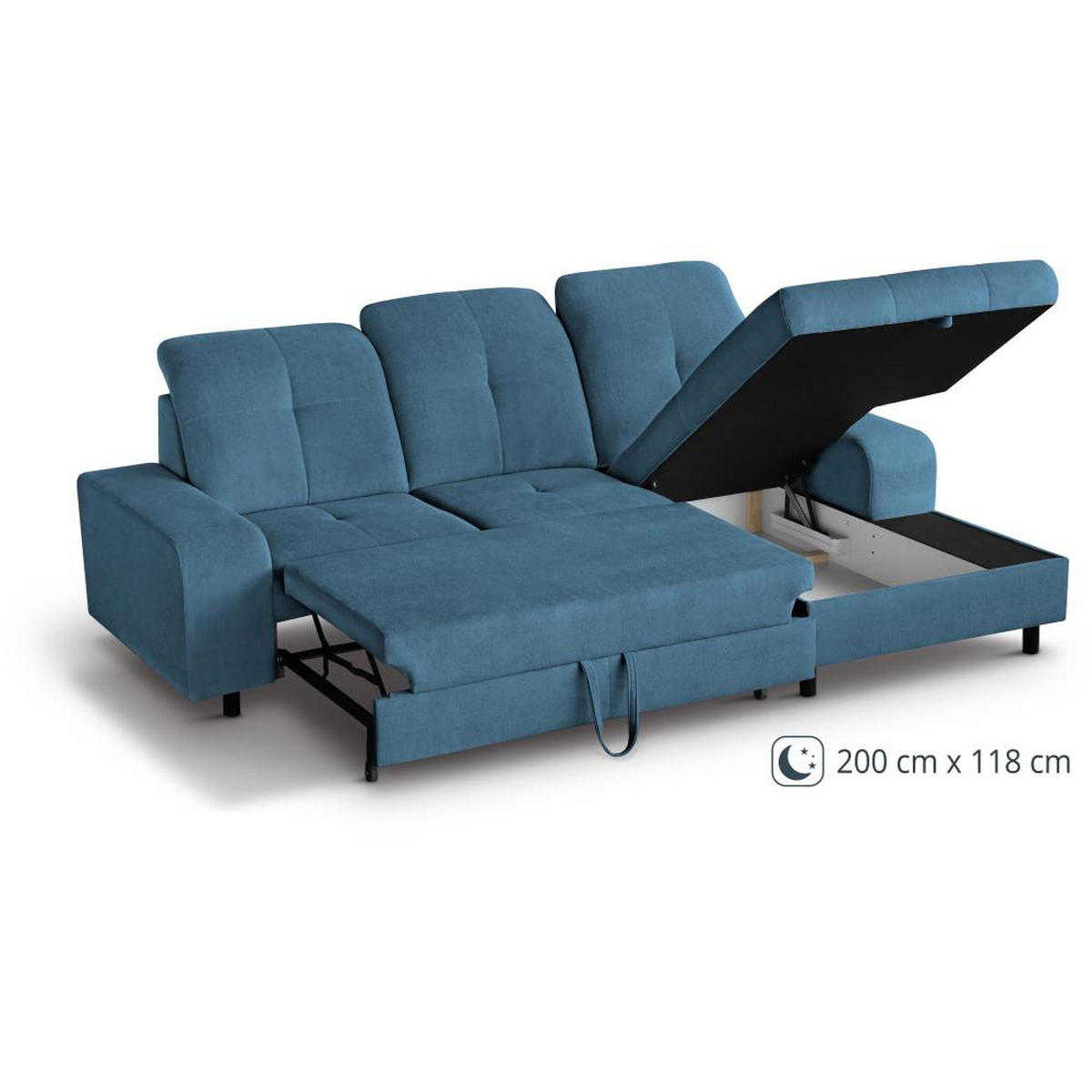 ECKSCHLAFSOFA Leon L Blau - Blau/Schwarz, Kunststoff/Textil (255/120cm) - Beautysofa