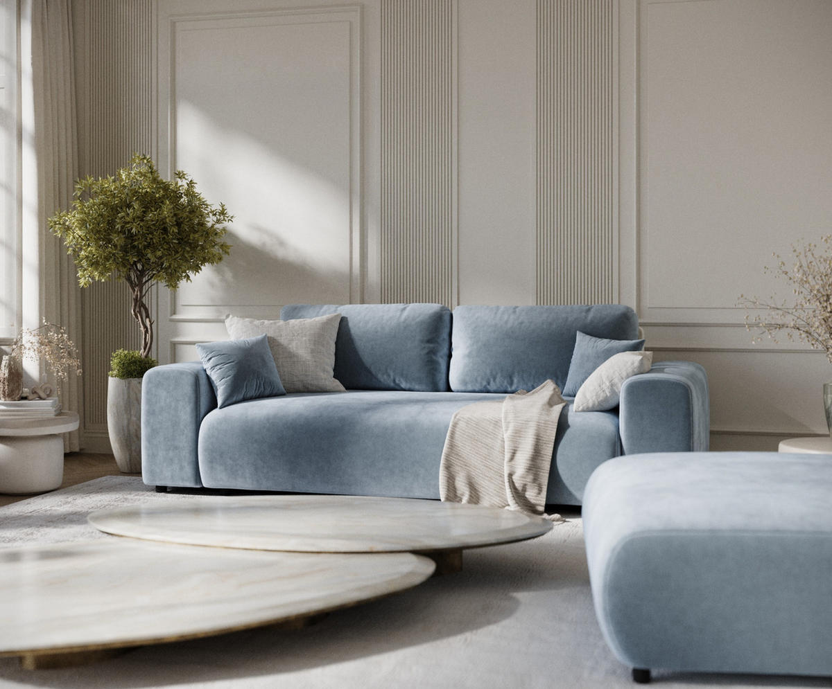 3-SITZER-SOFA Zanzibar Blau Grau Samtstoff - Blaugrau/Schwarz, Holz/Holzwerkstoff (213/79/108cm) - Maison de Reve