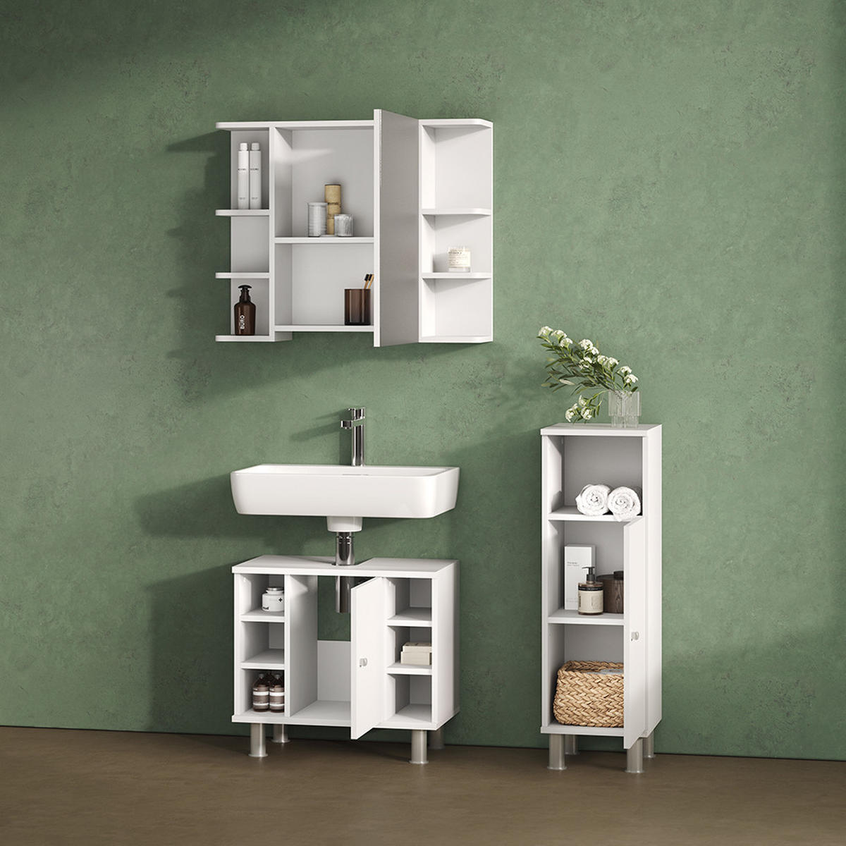 BADMÖBEL-SET Fucino Weiß 3 Teile, mit Midischrank - Weiß, Holzwerkstoff (60/54/32cm) - Livinity®