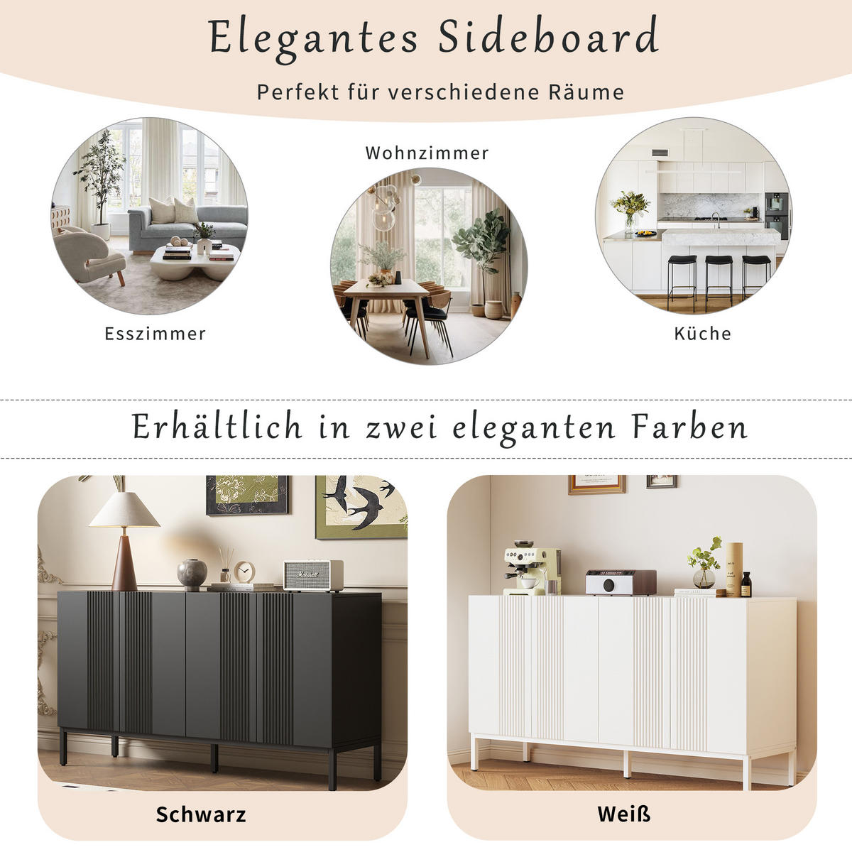 SIDEBOARD 145/42/80 cm schwarz aus MDF mit verstellbaren Einlegeböden - Schwarz, Holzwerkstoff (145/80/41.5cm) - OKWISH
