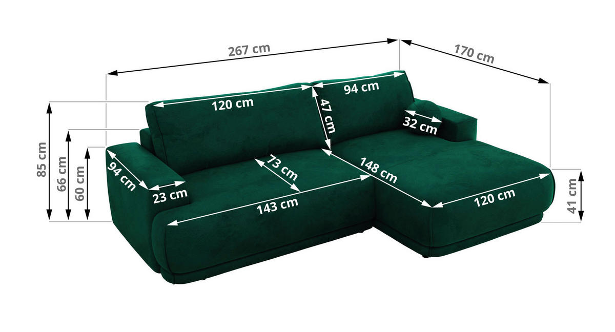 ECKSCHLAFSOFA RINA L Dunkelgrün Velvet - rechts - Dunkelgrün/Schwarz, Kunststoff/Textil (170/267cm) - MKS