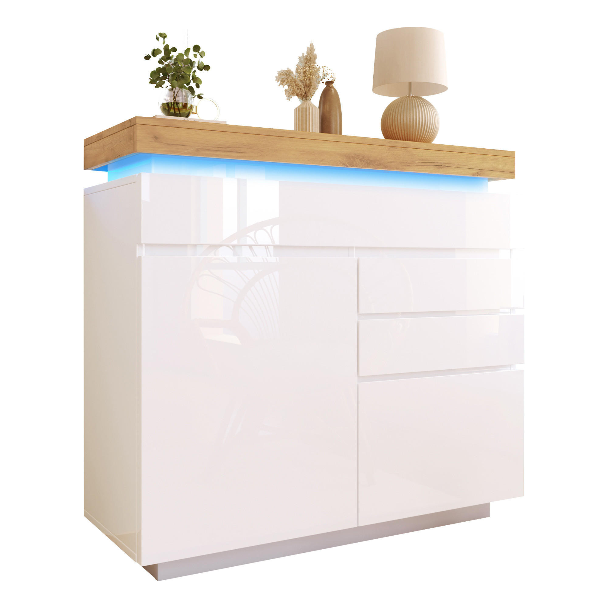 SIDEBOARD in Weiß Hochglanz Sideboard mit Schubladen und LED für Wohnzimmer und Schlafzimmer, B110/T39/H115 cm - Weiß, Holzwerkstoff (110/115/39cm) - STILVORA