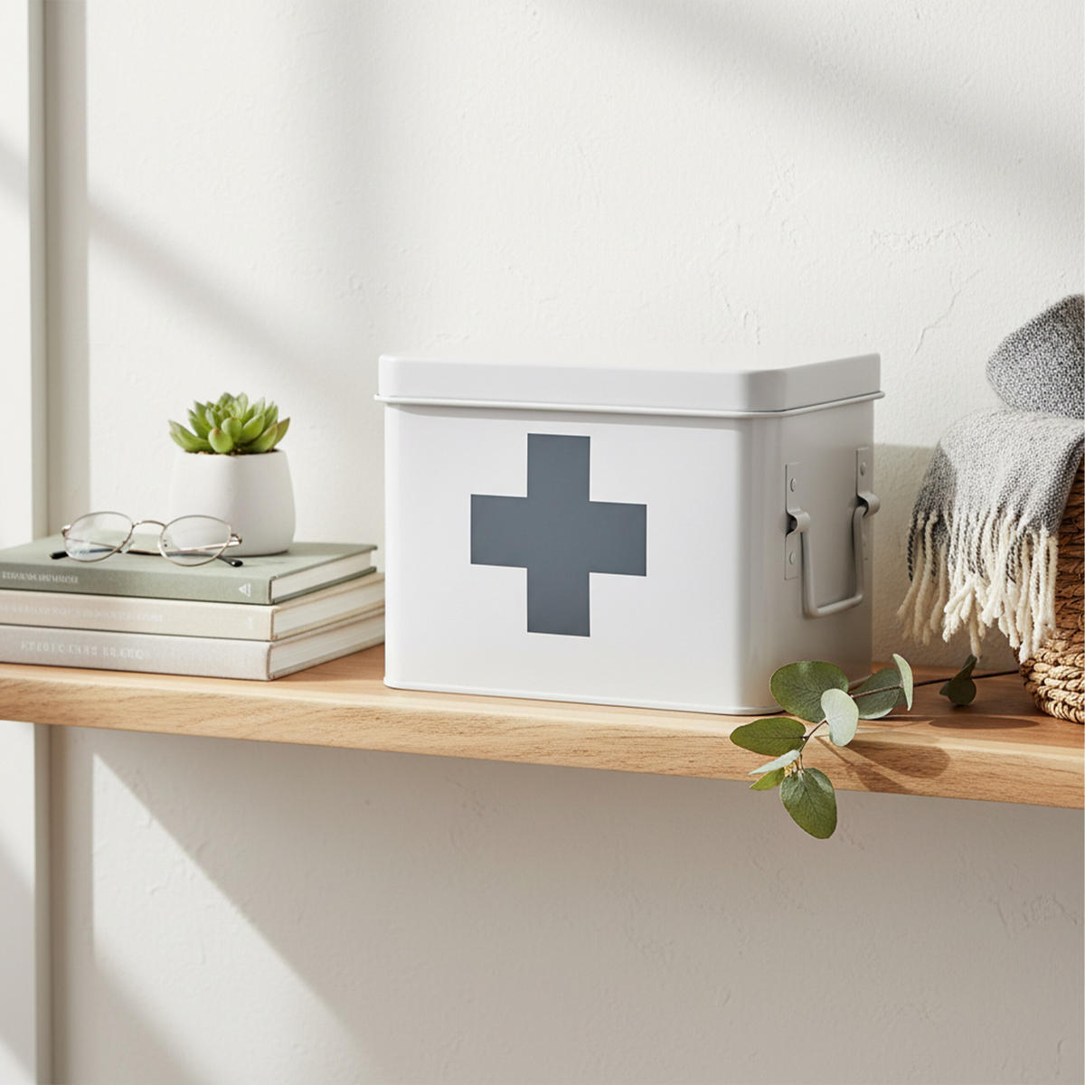 MEDIZINBOX Weiß Grau Metall 4 Fächer entnehmbarer Einsatz Größe M - Weiß, Metall (21/16/15.5cm) - Relaxdays