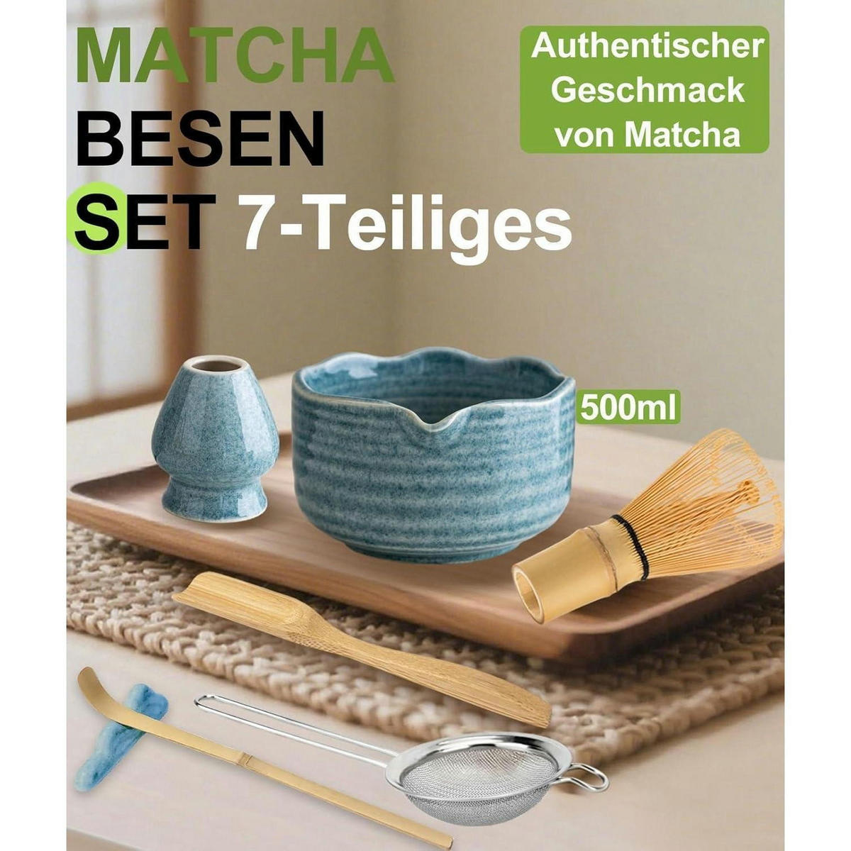 MATCHA Set 7-teilig Keramik Schale Bambus Besen Vintage Blau - Blau, Keramik (15/10/15cm)