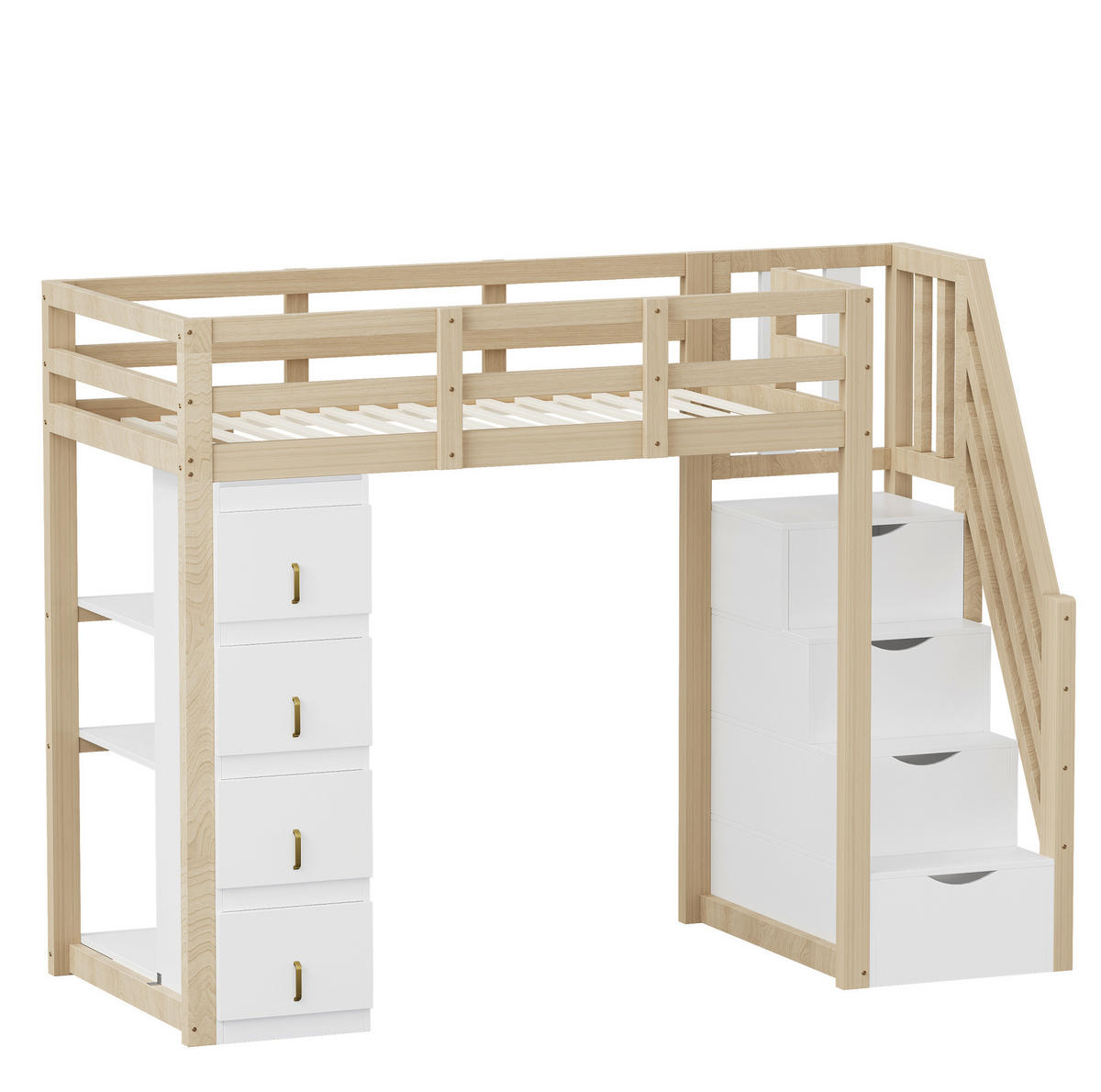 HOCHBETT 90/200 cm aus Massivholz mit Stauraumschubladen und Regal mit Matratze - Weiß, Holzwerkstoff (90/200cm) - OKWISH