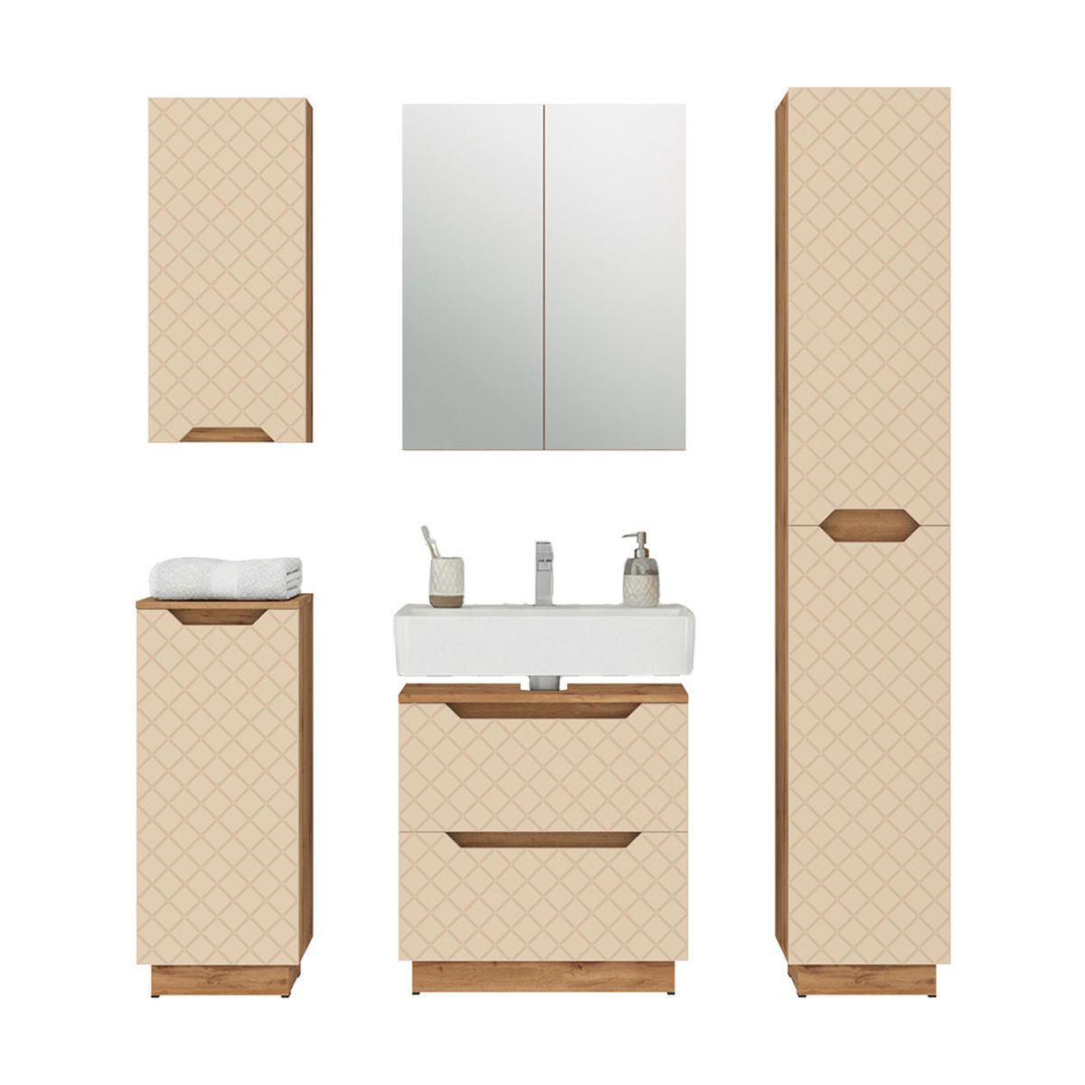 BADMÖBEL-SET Lotta Eiche/Kaschmir mit Kachelstruktur 5 Teile - Kaschmir, Holzwerkstoff (59.8/62.5/32cm) - Vicco