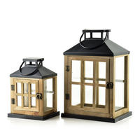 LATERNE Levi 2er Set Beige 24/18/25 cm Holz - Braun, Glas (24/36/18cm) - Mondex