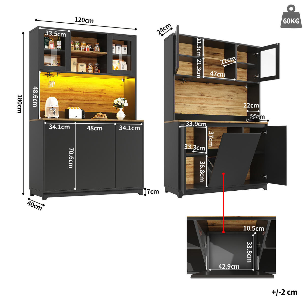 BUFFET 120/180/40 cm Schwarz aus MDF und Metall mit LED-Beleuchtung - Schwarz, Holzwerkstoff (40/180/120cm) - OKMYHOME