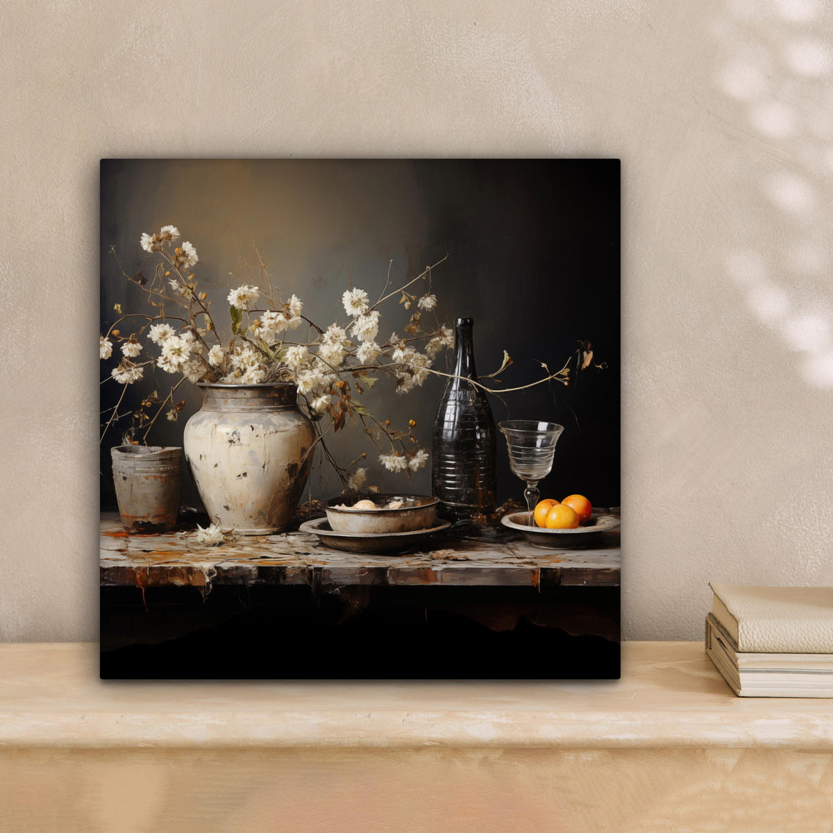 LEINWANDBILD Stilleben - Blumen - Blumenstrauß - Vase - Wein Deko Wohnzimmer 20x20 cm - Schwarz, Textil (20/20cm) - MuchoWow