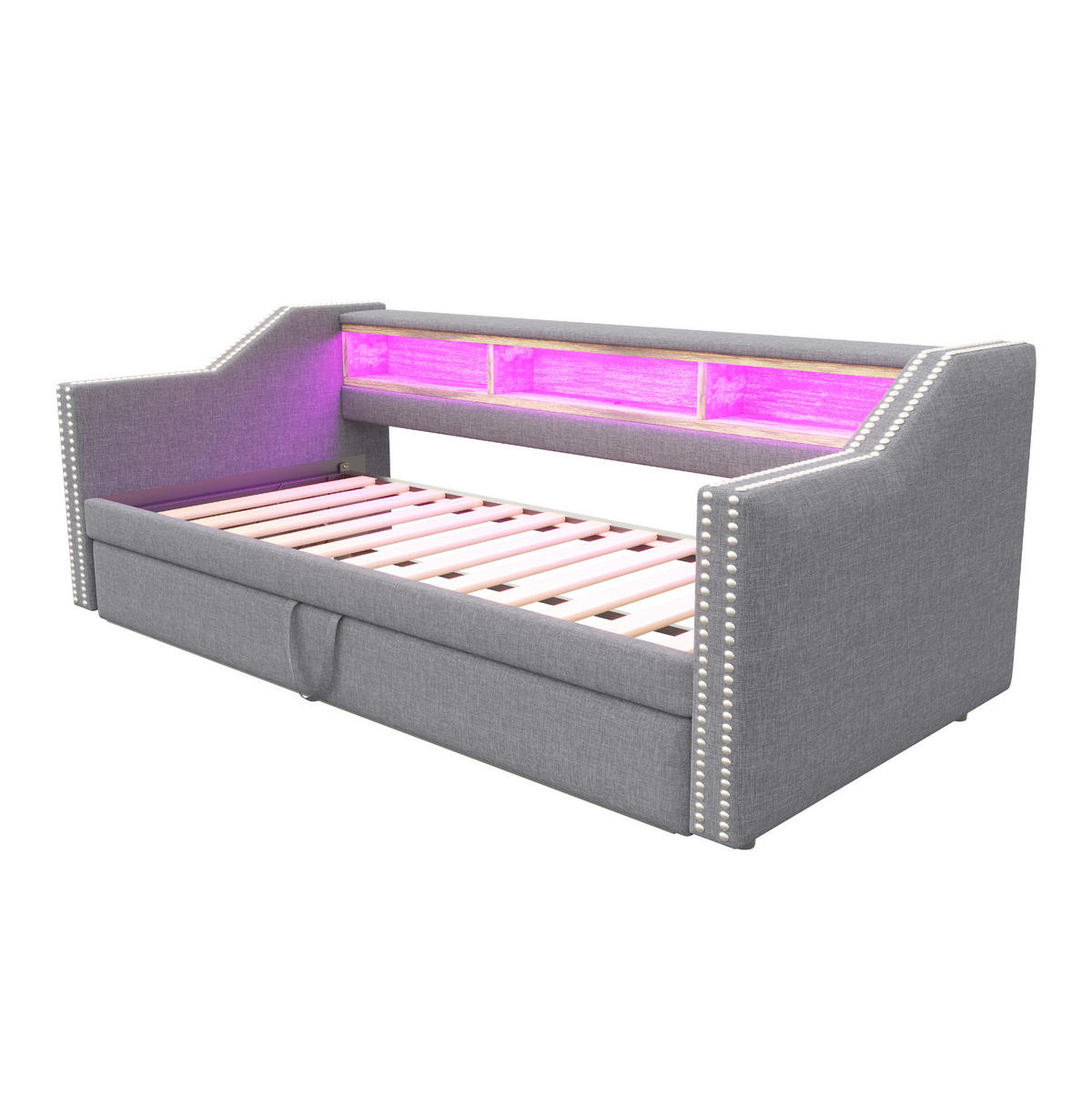 SCHLAFSOFA 90/190 cm mit Ausziehfunktion, LED, USB und Ablagefächern, Hellgrau - Hellgrau, Textil (203.5/74/194cm) - Redom