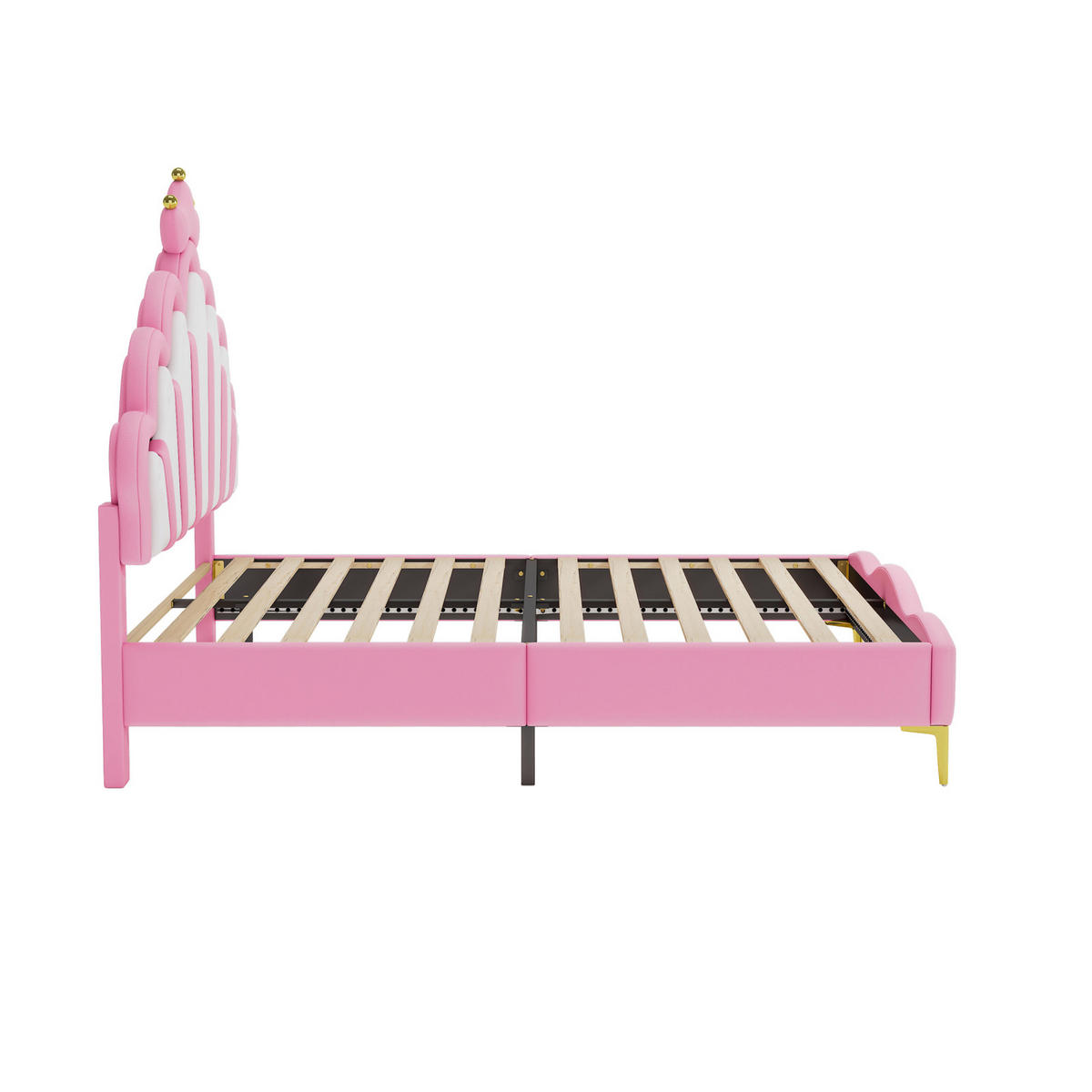 KINDERBETT 140 x 190 cm, Prinzessinnen, mit RGB-LED-Beleuchtung, gepolsterter Krone, höhenverstellbarem Bettgestell, Rosa - Pink, Leder/Holz (190/140cm) - BursDany