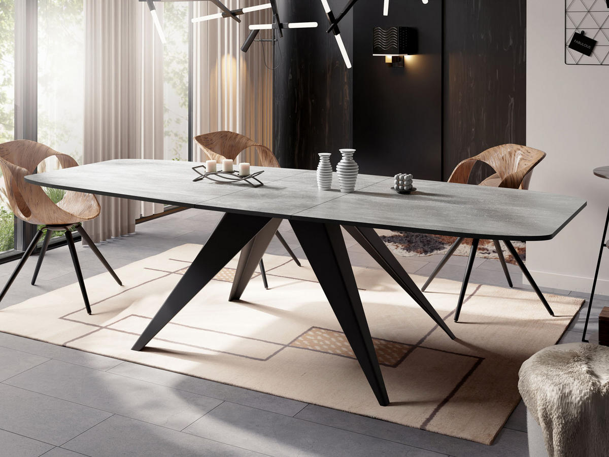 ESSTISCH Foster rechteckig ausziehbar, Grauer Beton 160-198/80/76 cm - Hellgrau/Schwarz, Holzwerkstoff/Metall (160/80/76cm) - WFL GROUP