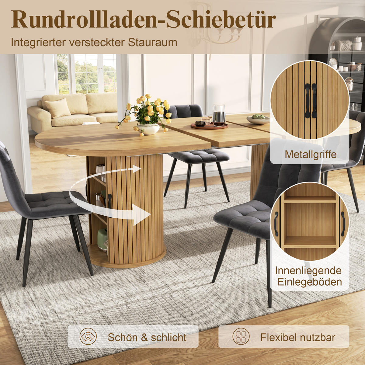 ESSTISCH Naturfarben 150–190×80×75 cm mit Auszugmechanismus, verdecktem Staufach und Metallrahmen aus Holzwerkstoff - Naturfarben, Holzwerkstoff (80/150/75cm) - Luhomfu