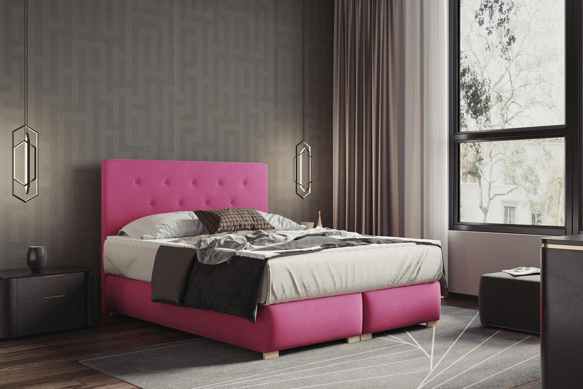 BOXBETT LUPIN, 180 x 200 cm, Double Bed für Schlafzimmer, Elegant Matratze und Bettkasten, Rosa - Rosa, Holz/Textil (180/200cm) - Trada