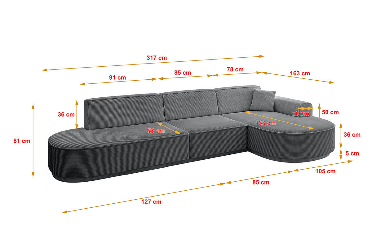 ECKSOFA Ottomane Rechts MARI-L2-v3 - 317x163x81 cm Dunkelgrau Cord - Dunkelgrau/Schwarz, Holzwerkstoff/Kunststoff (317/163cm) - ALTDECOR