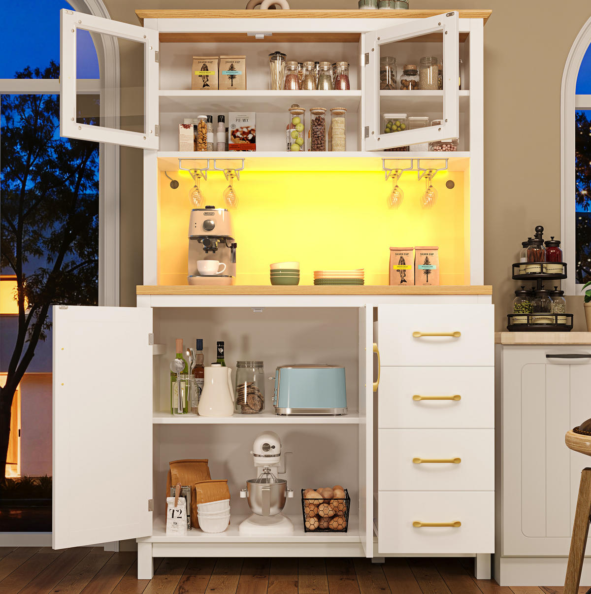 BUFFETSCHRANK 105,5/40/180 cm weiß aus MDF mit LED-Leiste - Weiß, Holzwerkstoff (105.5/180/40cm) - OKWISH