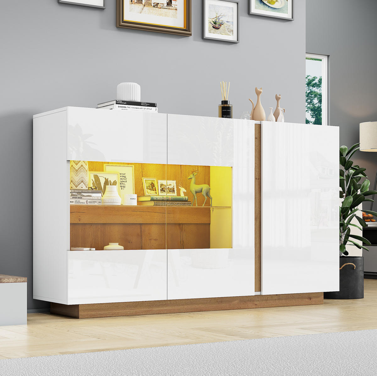 SIDEBOARD 138/38,5/90,5 cm in Weiß Hochglanz mit 3 Türen, Glas & LED - Weiß, Holzwerkstoff (138/90.5/38cm) - BEAOK