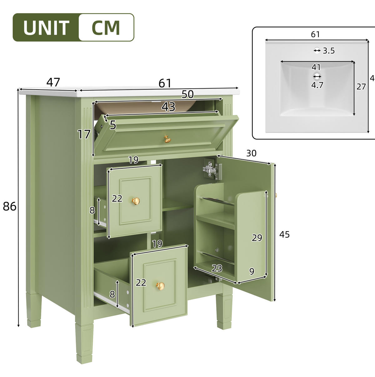 WASCHBECKENUNTERSCHRANK aus MDF und Keramik 61x47x86 cm Grün mit Stauraum, Soft-Close-Tür und Keramikbecken - Grün, Keramik (61/86/47cm) - Modfu