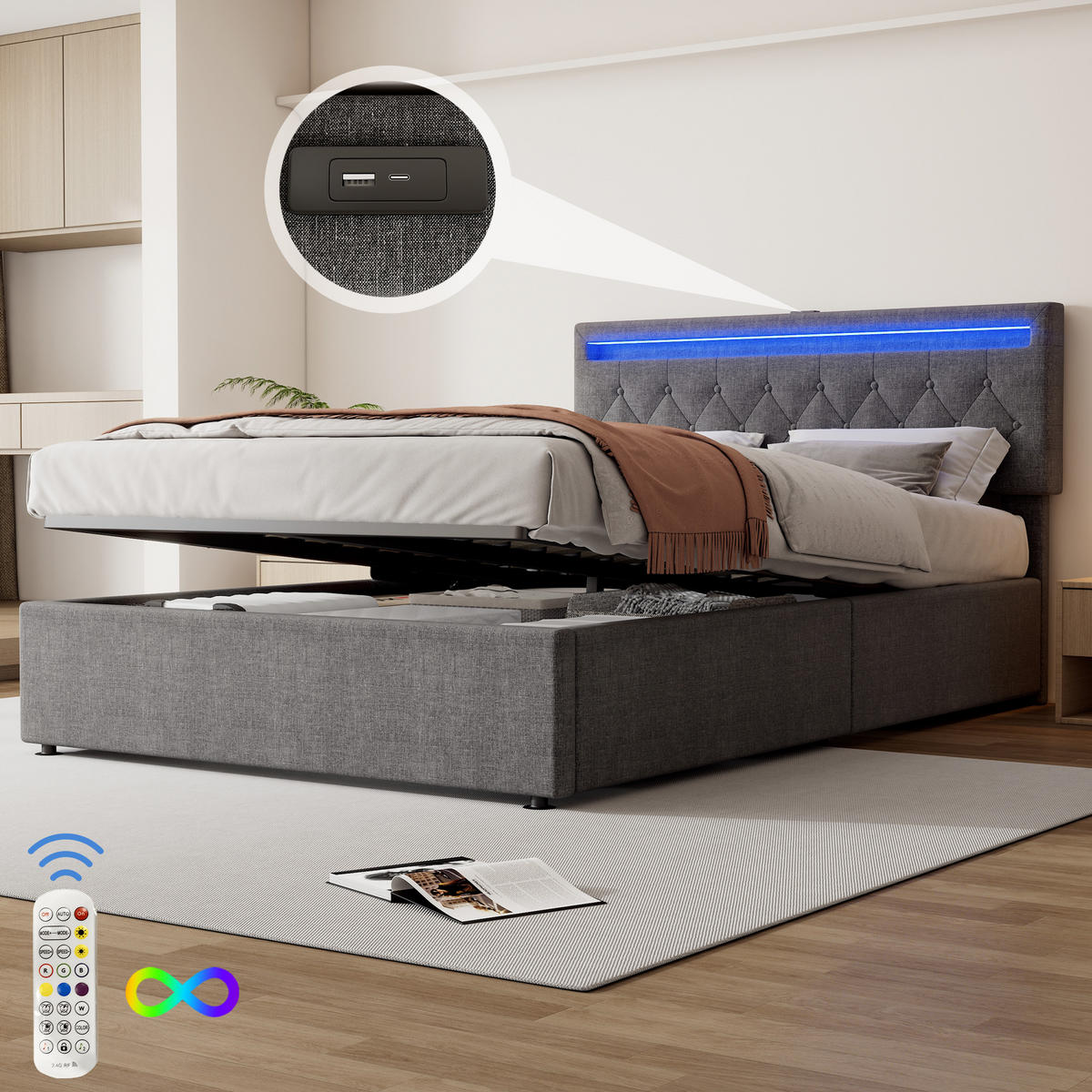 POLSTERBETT 140/200 cm Grau mit hydraulischer Hebevorrichtung und LED-Beleuchtung - Grau, Textil (140/200cm) - OKWISH