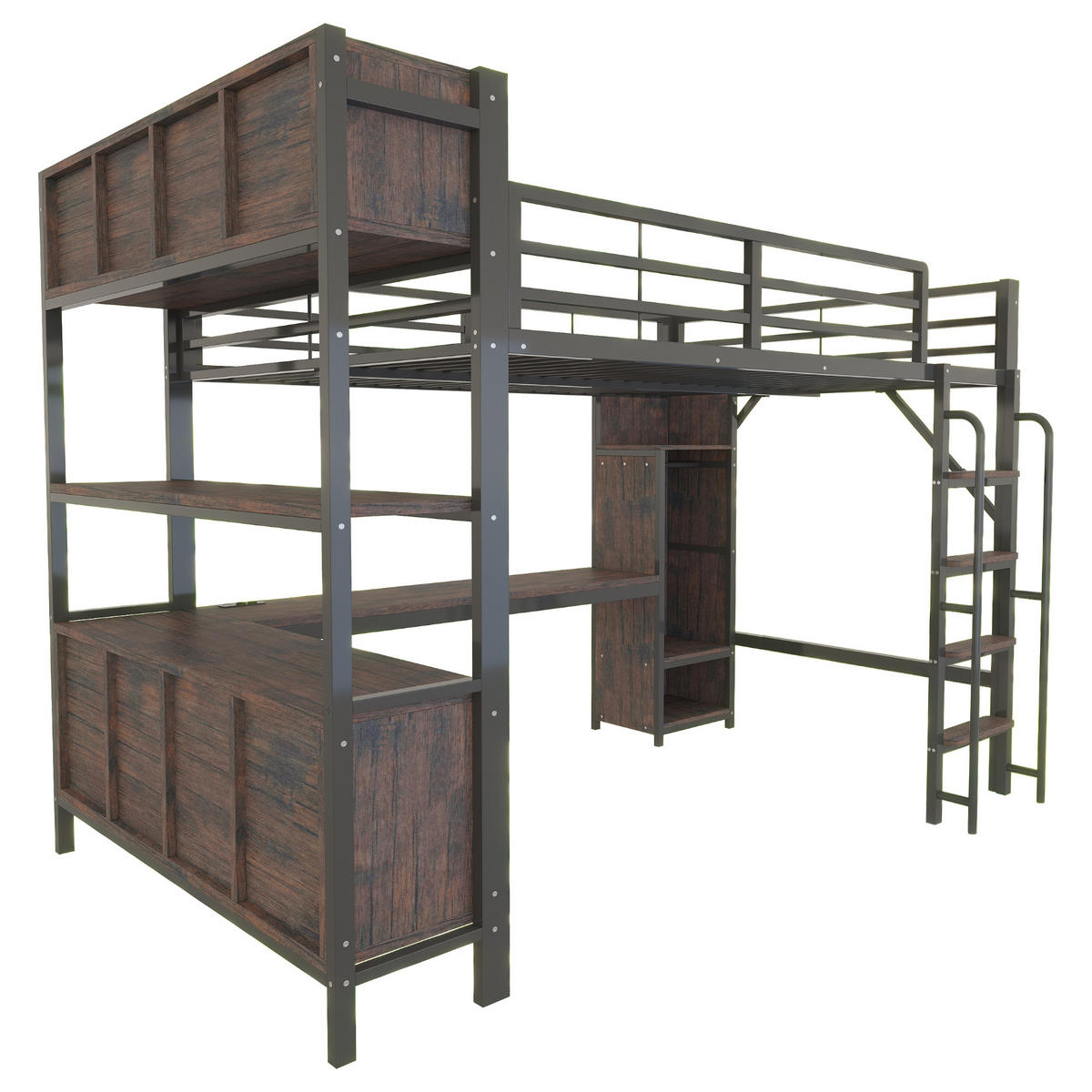 HOCHBETT Schwarz 140×200cm mit Schreibtisch, Kleiderschrank, LED-Beleuchtung und Sicherheitsgeländer - Schwarz, Metall (140/200cm) - Luhomfu