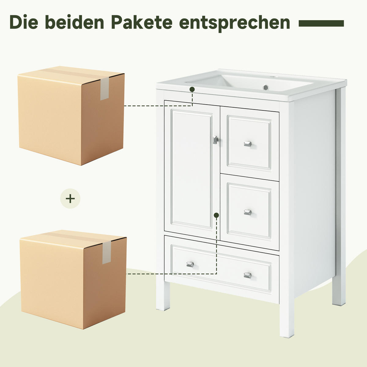 WASCHTISCHKOMBI 62/47/90 cm Weiß mit freistehender Waschtisch und 3 Schubladen, ohne Wasserhahn - Edelstahlfarben/Weiß, Holz/Holzwerkstoff (47/90/62cm) - Oxeza