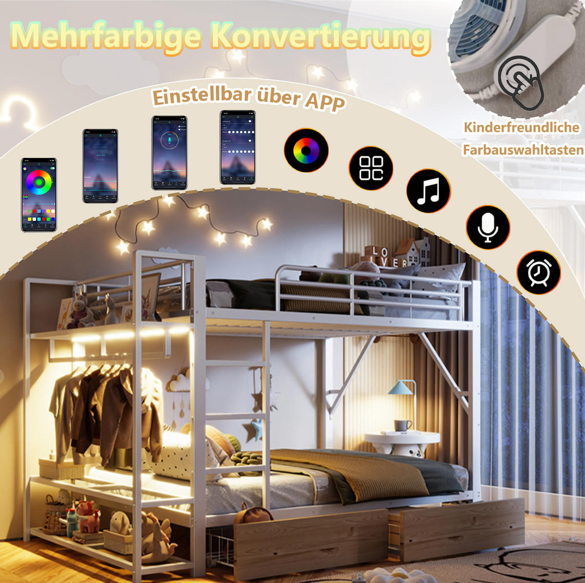 ETAGENBETT 140/200 cm in Weiß mit LED-Beleuchtung und 2 Schubladen - Weiß, Metall - BEAOK