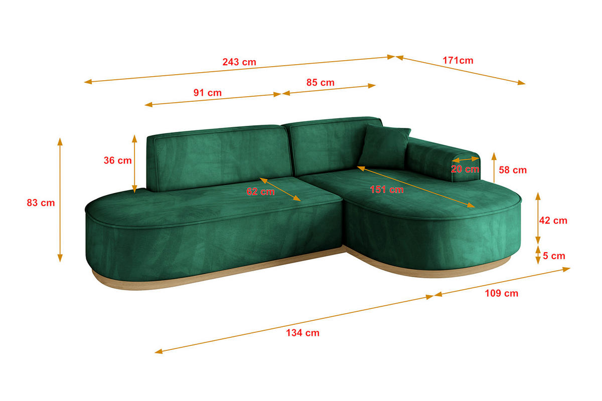 ECKSOFA Ottomane Rechts MARI-L1-v2 - 243x171x83 cm Grün Velours - Grün, Holzwerkstoff/Textil (171/243cm) - ALTDECOR